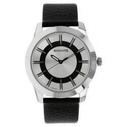 Silver Dial Black Leather Strap Watch