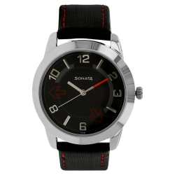 Black Dial Black Leather Strap Watch