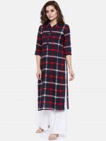 Women Navy Blue Checks Kurti WOMABMD189